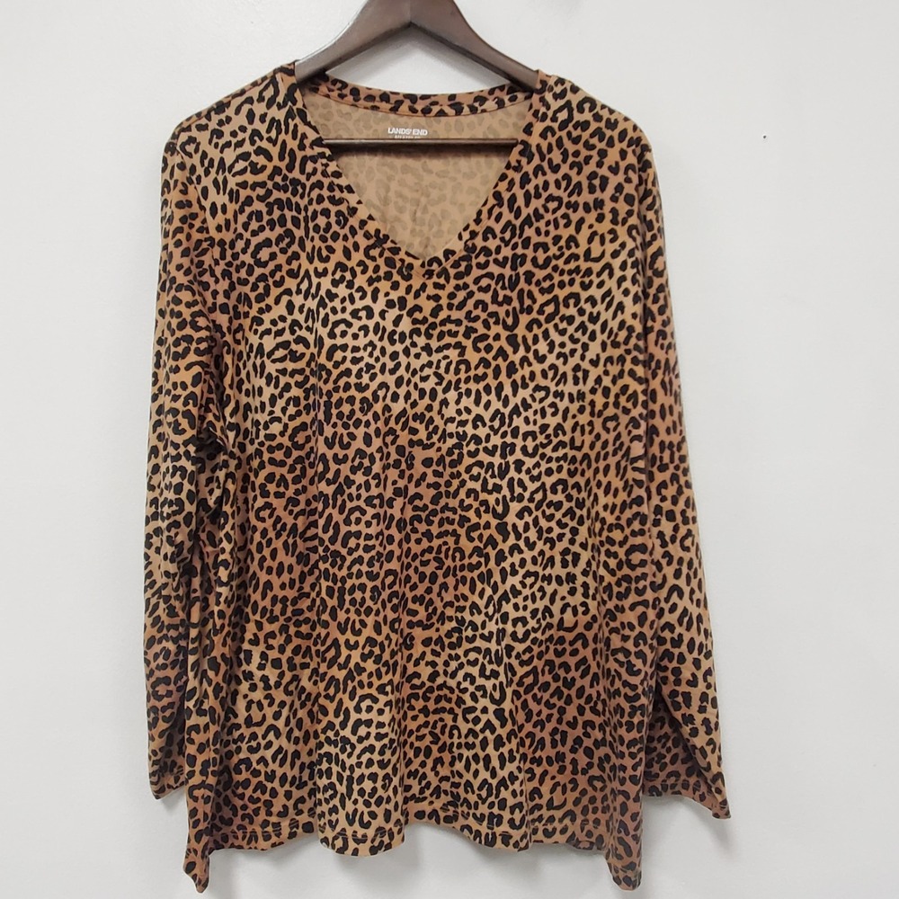 Lands End Womens Cheetah Print Shirt Size 2X Relaxed Fit V Neck Long Sleeve